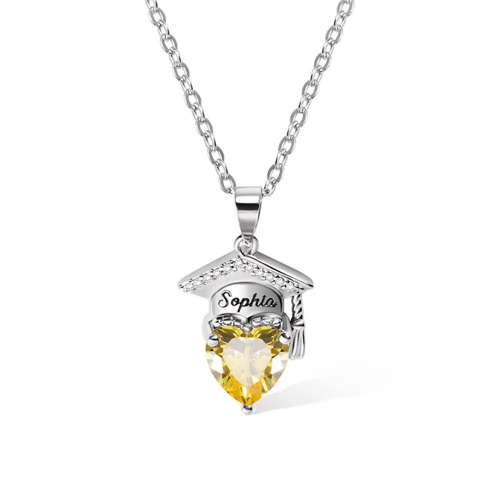 Personalised Graduation Cap Necklace with Custom Name & Birthstone - United Bracelets