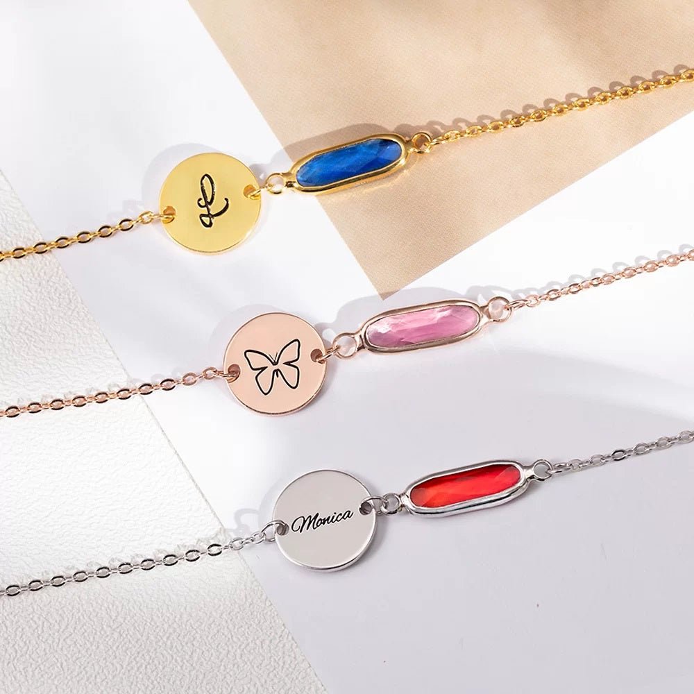 Round Pendant Bracelet with Custom Name & Birthstone - United Bracelets