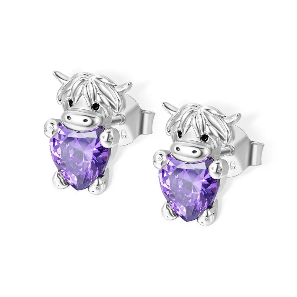 Highland Cow Birthstone Stud Earrings