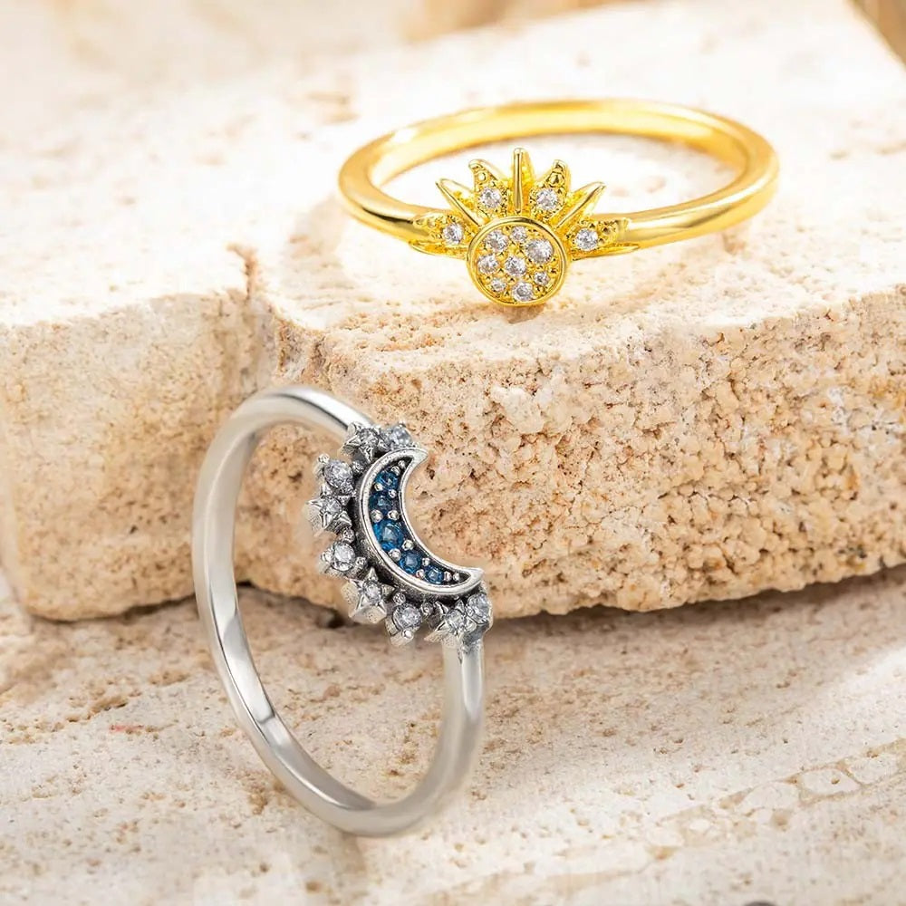 Celestial Sun &amp; Moon Ring Set in Sterling Silver &amp; Gold