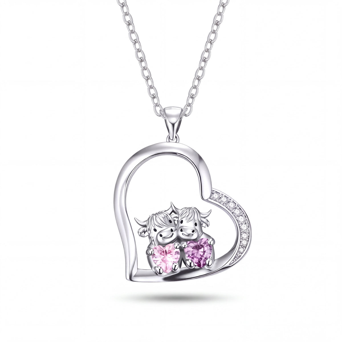 Highland Cow Necklace with Two Birthstones