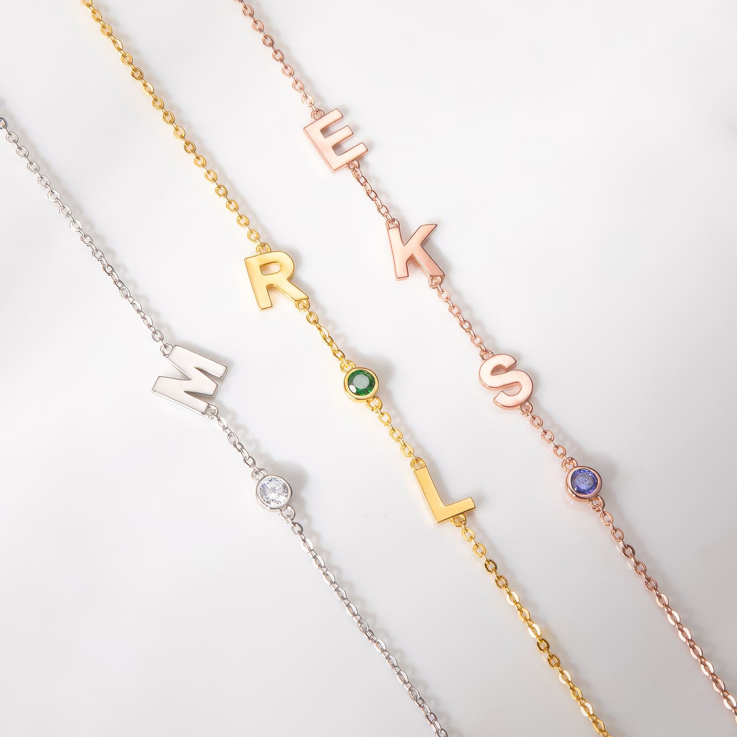 Sideways Initial Birthstone Name Bracelet
