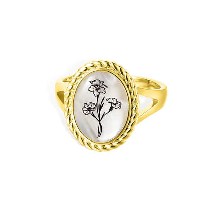 Birth Flower Signet Ring with Mother of Pearl - United Bracelets