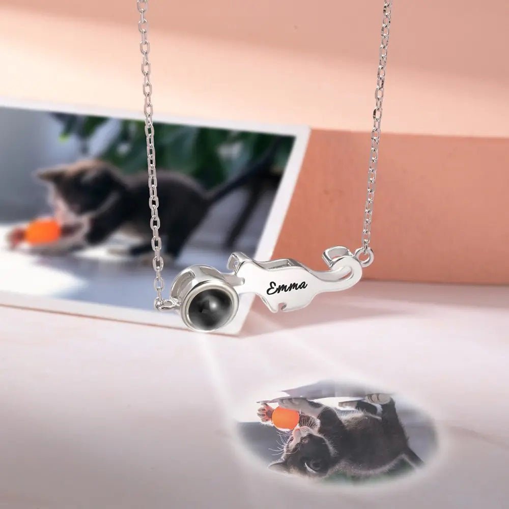 Cat Charm Projection Necklace with Custom Name - United Bracelets