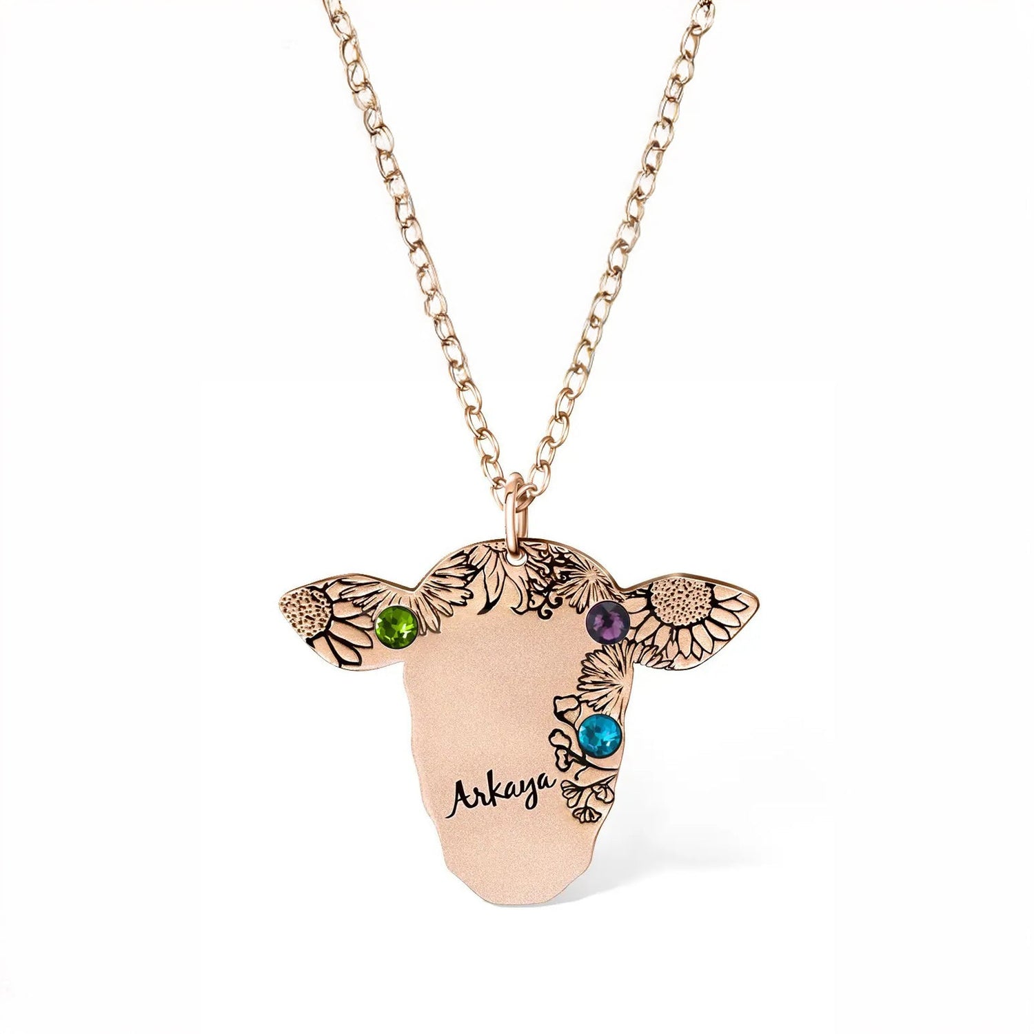 Cow Silhouette Necklace with Custom Name &amp; Birthstones - United Bracelets