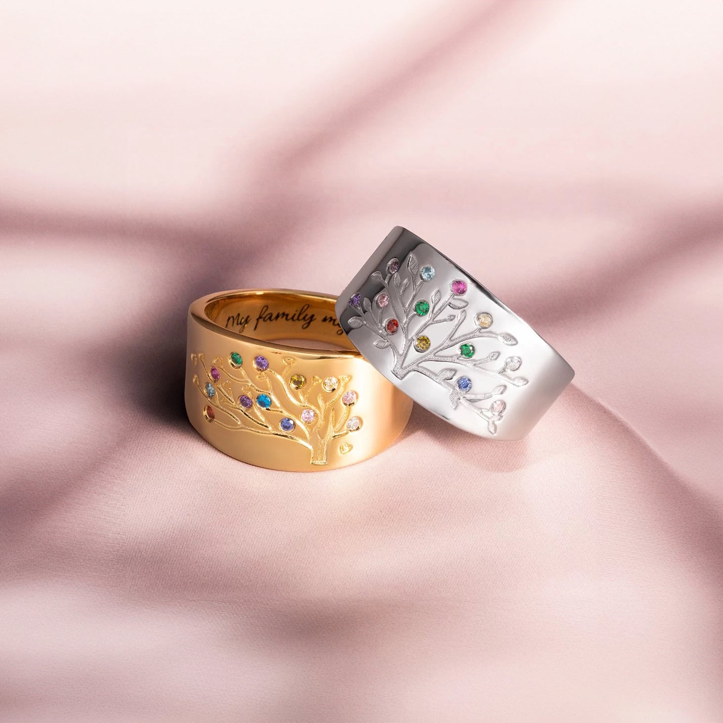 Family Tree Ring with Personalised Birthstone Leaves - United Bracelets