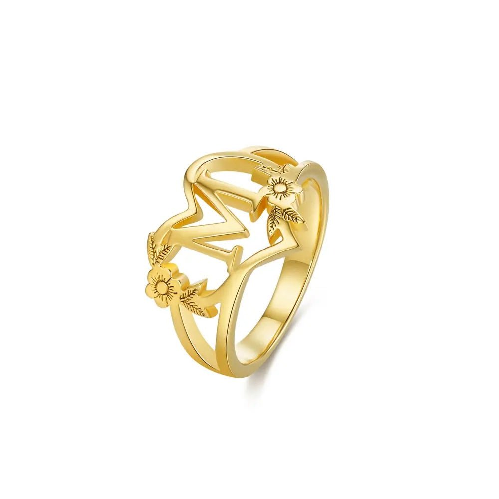 Heart Shaped Initial Ring with Dainty Flower Design - United Bracelets