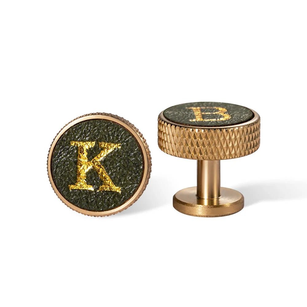 Knurled Brass Leather Cufflinks with Custom Initial - United Bracelets