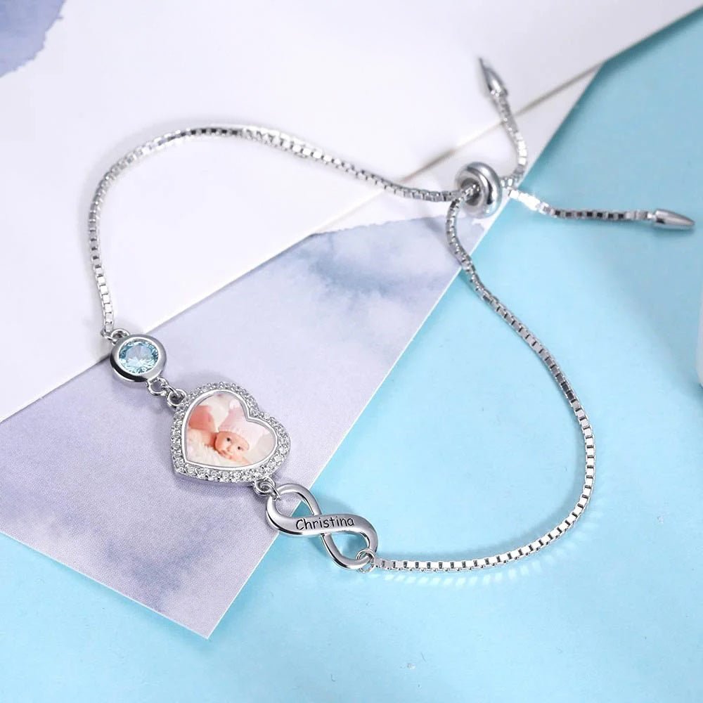 Photo Heart Bracelet with Custom Birthstone &amp; Infinity Charm - United Bracelets