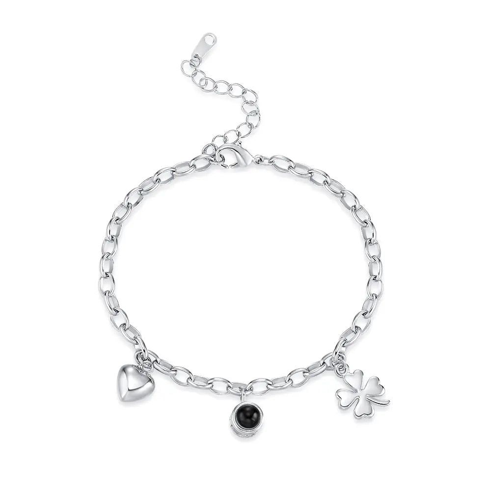 Projection Bracelet with Four - Leaf Clover &amp; Heart Pendants - United Bracelets