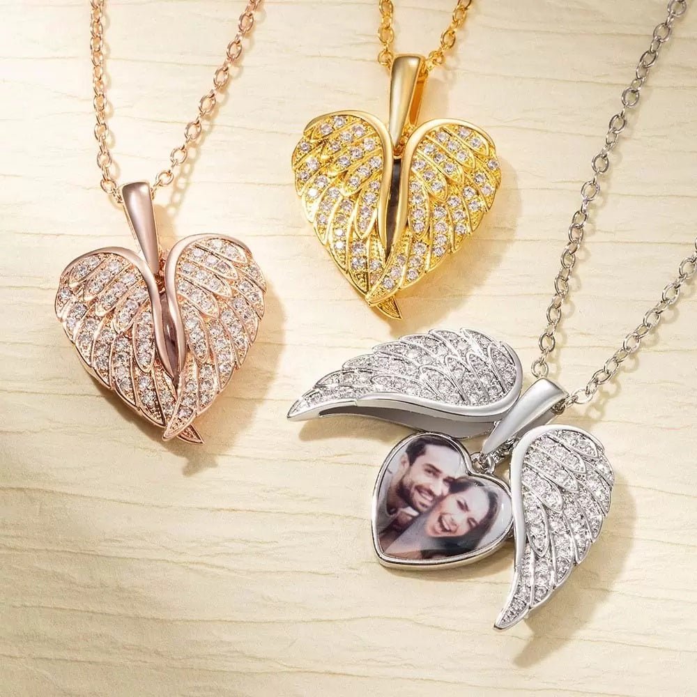 Sparkling Angel Wing Locket with Personalised Heart Shaped Photo - United Bracelets